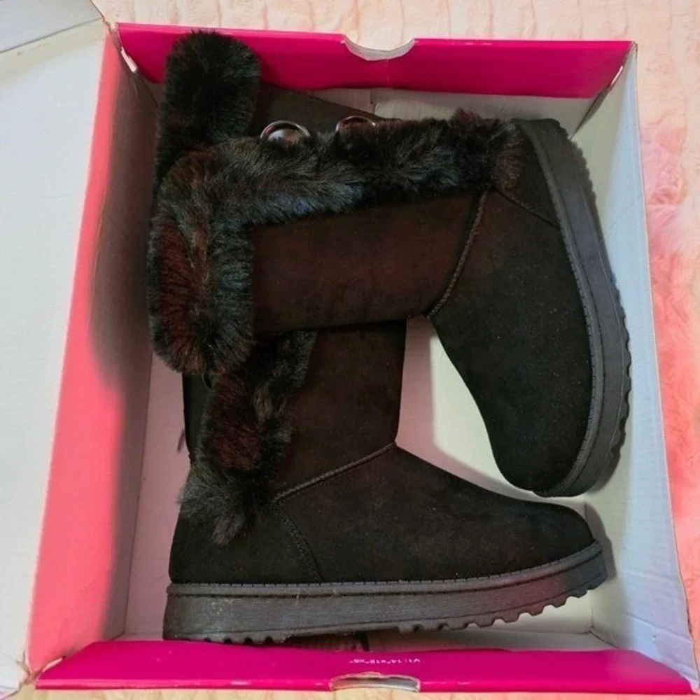 Black Faux Suede Mid-Calf Winter Boots with Faux Fur Trim and Button Detail Cozy